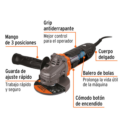 Esmeriladora Angular 4-1/2" 750W TRUPER ERGO PRO ERGO-4570 - Motor Balero Bolas Mango Ajustable