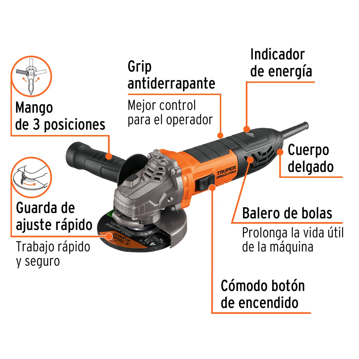 COMBO Esmeriladora Truper Ergo Pro 850W + Disco para Cortar Madera 4-1/2