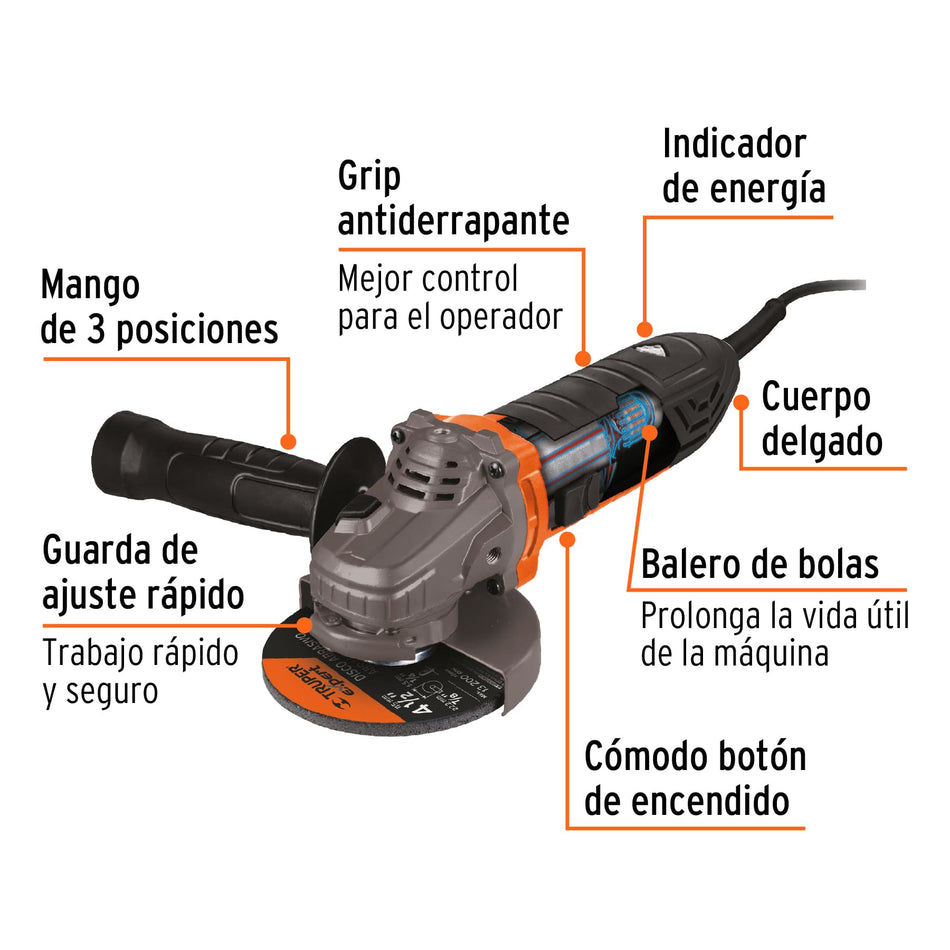 Esmeriladora Angular 4-1/2" 950W TRUPER ERGO PRO ERGO-4590 - Motor Balero Bolas Mango Ajustable