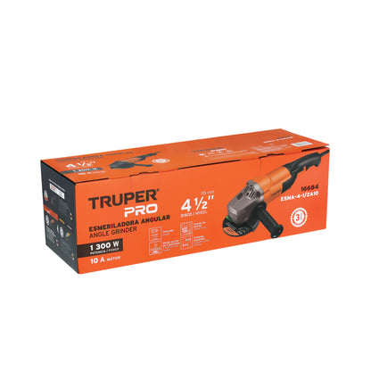 Esmeriladora Angular TRUPER PRO 4-1/2" 1300W ESMA-4-1/2A10 - Corta y Esmerilar Acero, Ladrillo, Azulejo y Piedra - Motor Balero de Bolas Alta Durabilidad