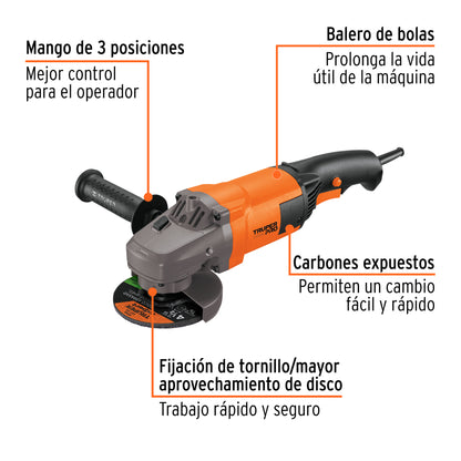 Esmeriladora Angular TRUPER PRO 4-1/2" 1300W ESMA-4-1/2A10 - Corta y Esmerilar Acero, Ladrillo, Azulejo y Piedra - Motor Balero de Bolas Alta Durabilidad