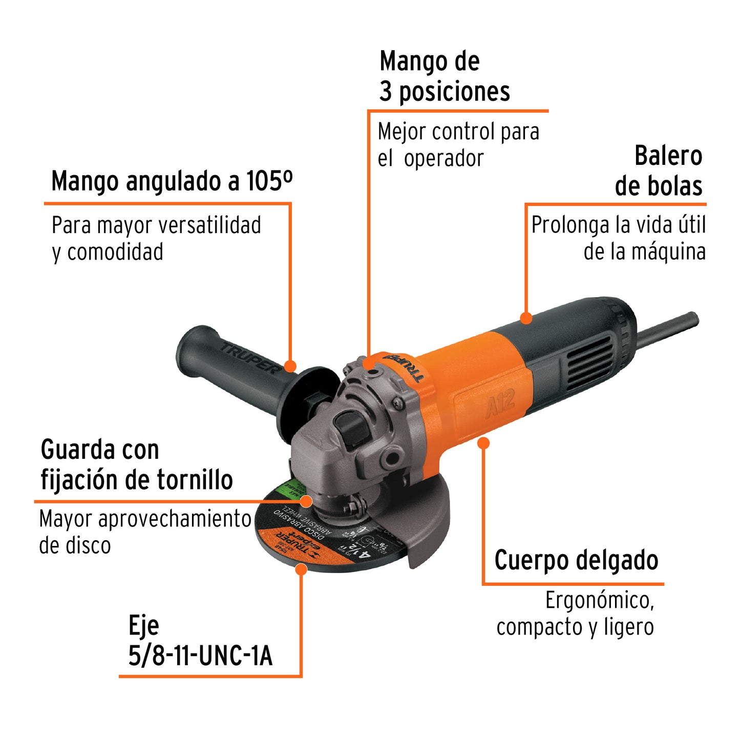 Esmeriladora Angular 4-1/2" 700W TRUPER PRO ESMA-4-1/2A12 - Corta y Esmerilar Acero, Ladrillo, Azulejo - Motor Balero Bolas, Mango Ajustable 3 Posiciones