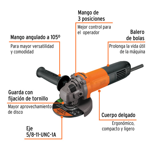 Esmeriladora Angular 4-1/2" 700W TRUPER PRO ESMA-4-1/2A12 - Corta y Esmerilar Acero, Ladrillo, Azulejo - Motor Balero Bolas, Mango Ajustable 3 Posiciones