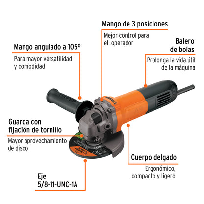Esmeriladora Angular 4-1/2 Pulgadas 800W TRUPER PRO - Corta Acero, Ladrillo y Piedra - Motor Balero Bolas - ESMA-4-1/2A9