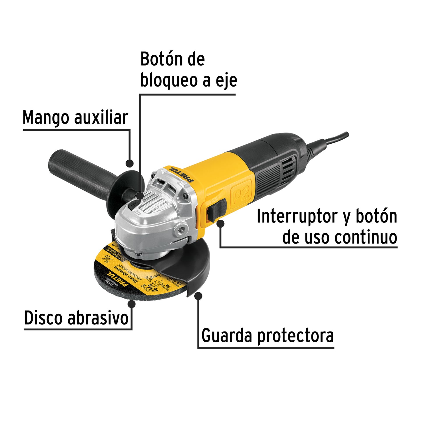 Esmeriladora Angular PRETUL 4-1/2 Pulgadas 700W ESMA-4-1/2P2 - Motor Potente Mango Ajustable Uso Continuo