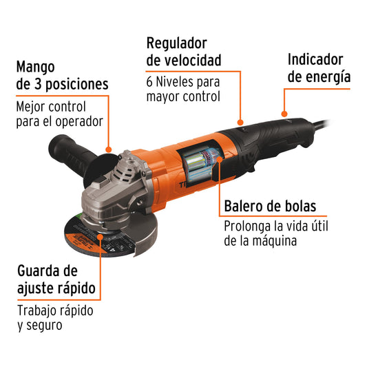 Esmeriladora Angular TRUPER PRO 4-1/2" 1100W 6 Velocidades - Solución Profesional para Corte y Esmerilado de Acero, Ladrillo y Piedra - ESMA-45110