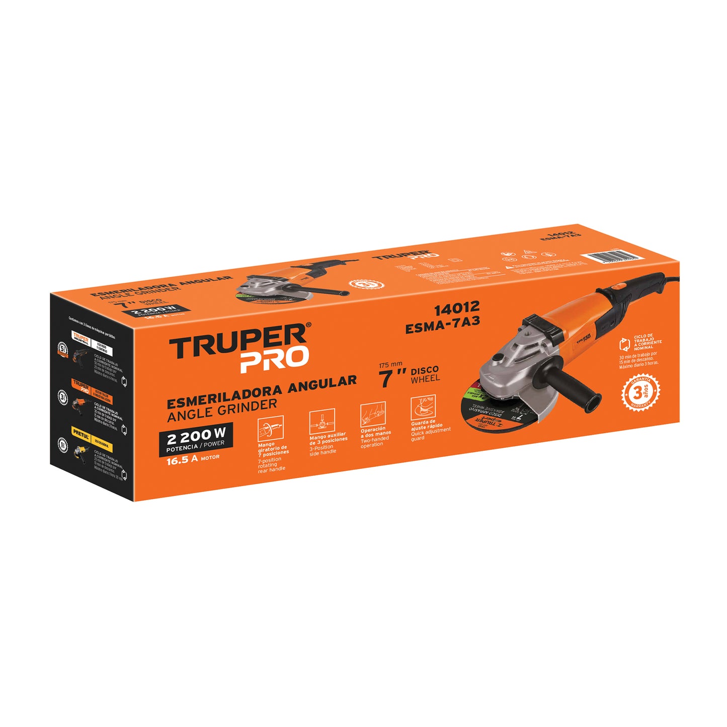 Esmeriladora Angular 7" TRUPER PRO 2200W - Herramienta Industrial para Cortar y Esmerilar Acero, Ladrillo, Azulejo y Piedra - Motor Profesional con Baleros de Bolas y Mango Antiderrapante - Solución Completa para Trabajos de Construcción y Metalurgia