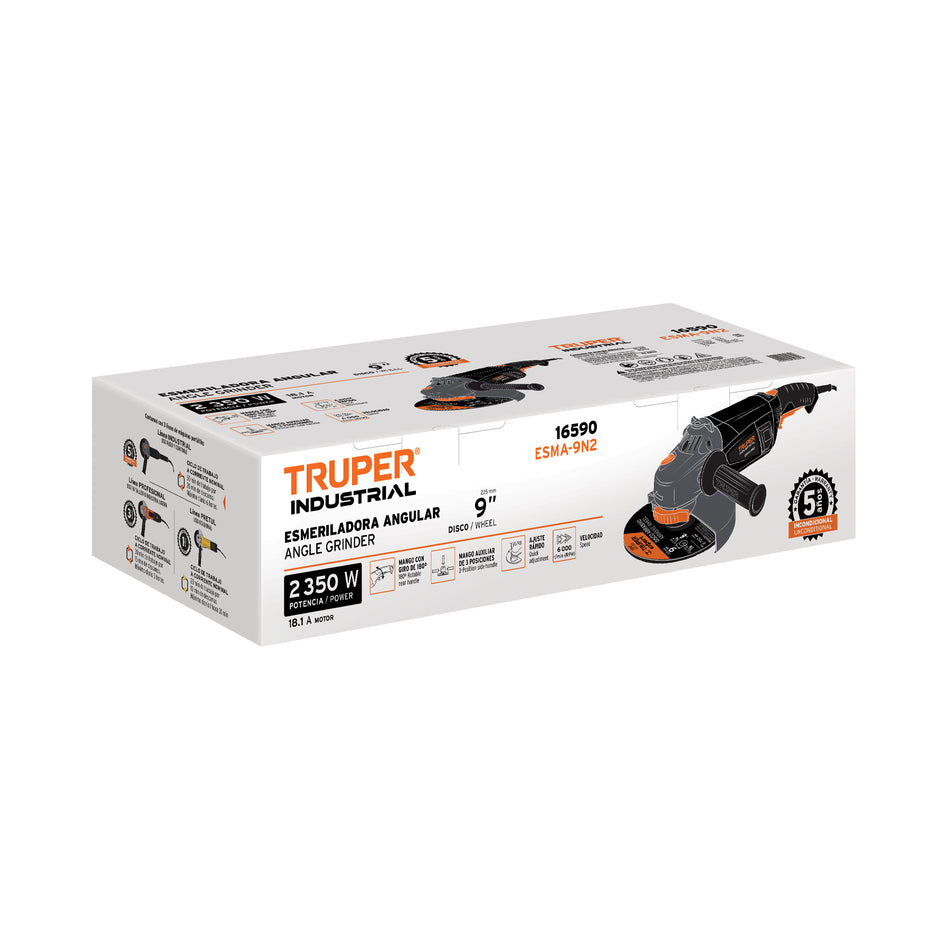 Esmeriladora Angular 9 Pulgadas 2350W TRUPER INDUSTRIAL ESMA-9N2 - Motor Potente con Baleros de Bolas y Mango Ergonómico