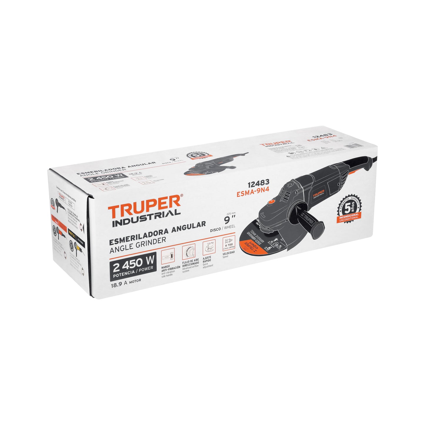 Esmeriladora Angular 9 Pulgadas 2450W TRUPER INDUSTRIAL ESMA-9N4 - Motor Potente con Mango Ergonómico Antivibración