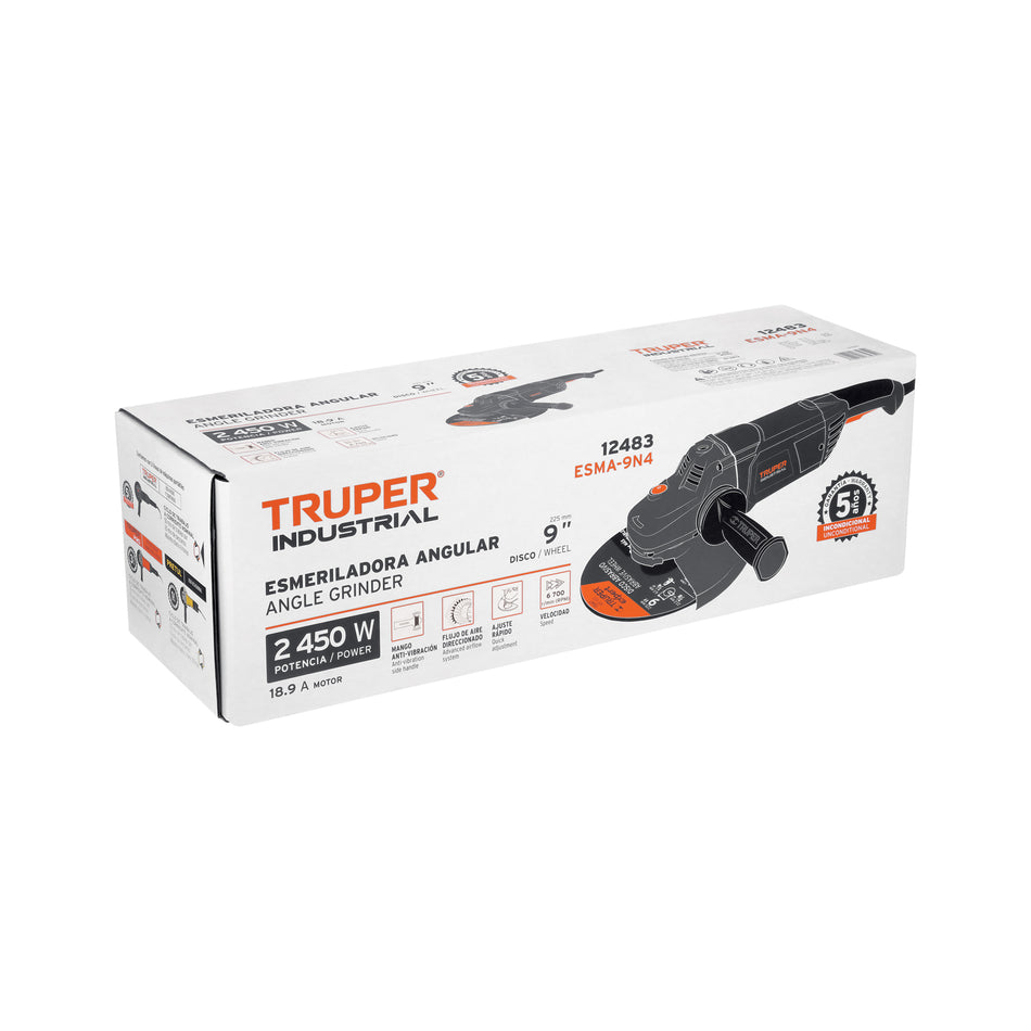 Esmeriladora Angular 9 Pulgadas 2450W TRUPER INDUSTRIAL ESMA-9N4 - Motor Potente con Mango Ergonómico Antivibración
