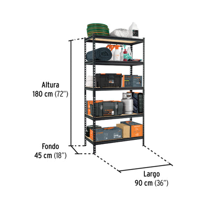 Estante Metálico PRETUL 5 Repisas MDP 180x45x90cm - Organiza y Optimiza Espacios sin Tornillos - Capacidad 60kg - ESME-601