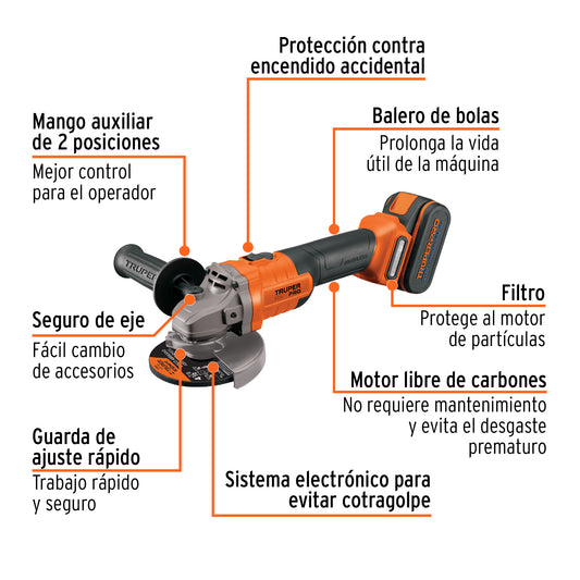 Esmeriladora Angular 4.5 Pulgadas 20V Brushless TRUPER PRO ESMI-20A - Batería 4Ah Incluida