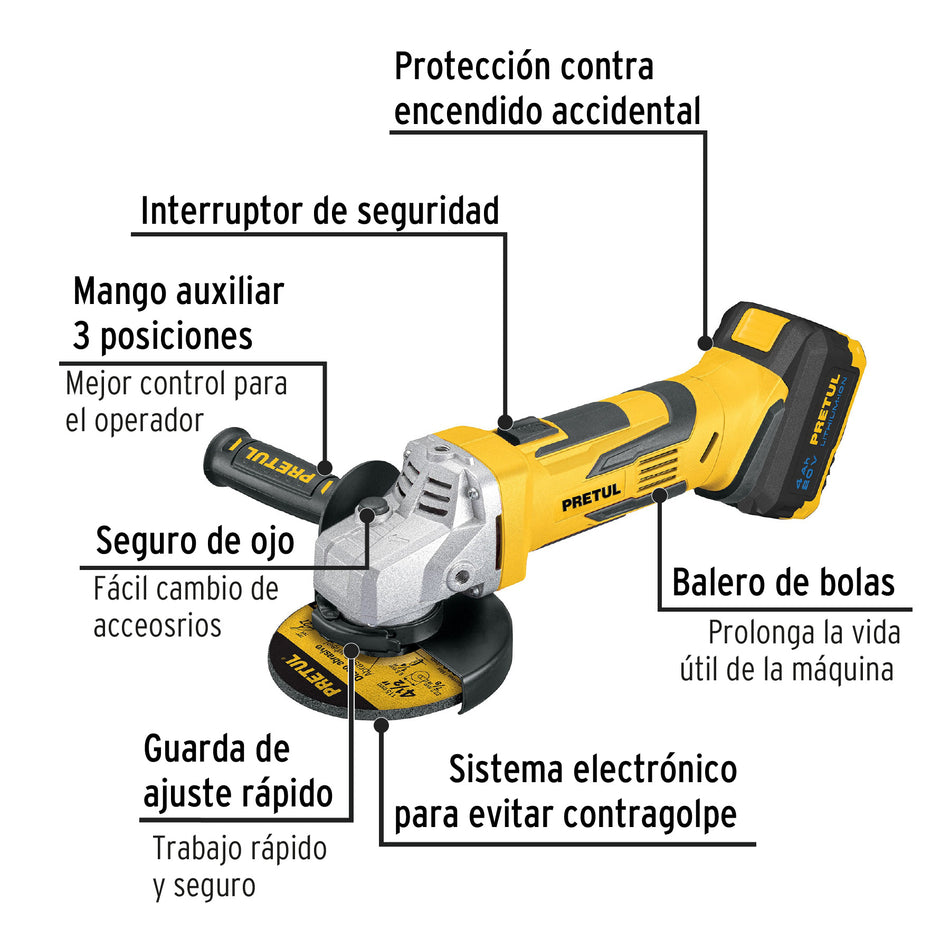 Esmeriladora Angular 4-1/2 Pulgadas 20V Inalámbrica PRETUL con Batería 4Ah - Herramienta Profesional para Corte y Esmerilado