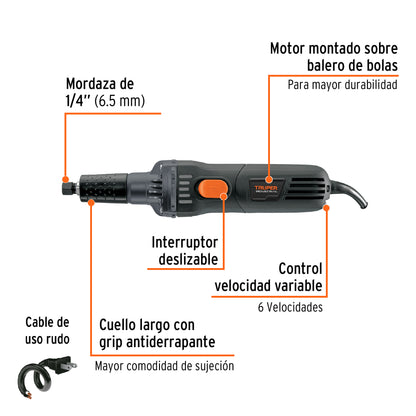 Esmeril Recto TRUPER INDUSTRIAL 1/4" 600W - Rectificador de Precisión para Espacios Reducidos y Trabajos de Detalle - ESRE-1/4N