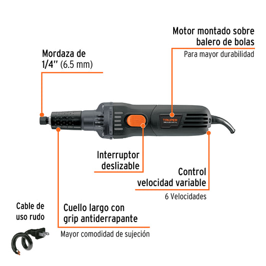 Esmeril Recto TRUPER INDUSTRIAL 1/4" 600W - Rectificador de Precisión para Espacios Reducidos y Trabajos de Detalle - ESRE-1/4N