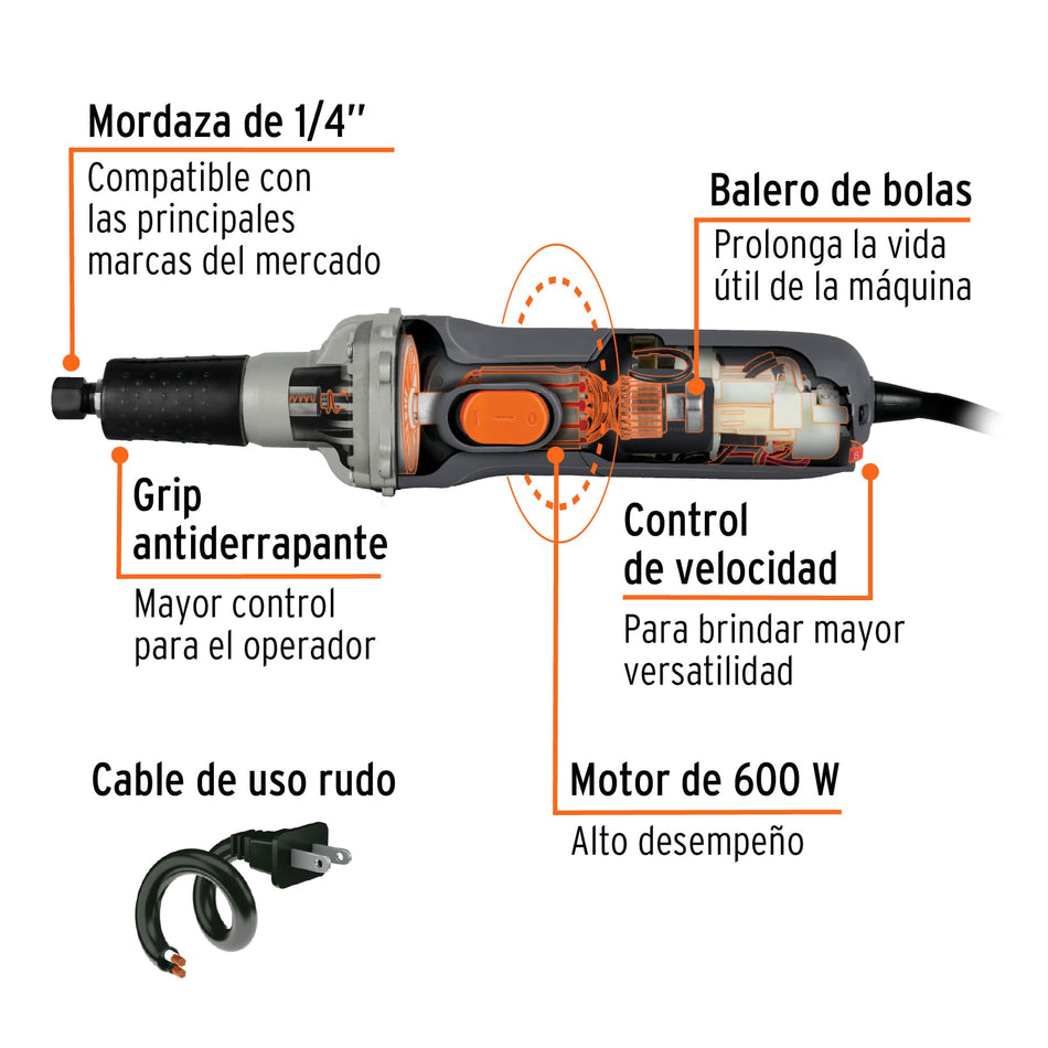 Esmeril recto (rectificador) 1/4" 600 W, industrial, Truper