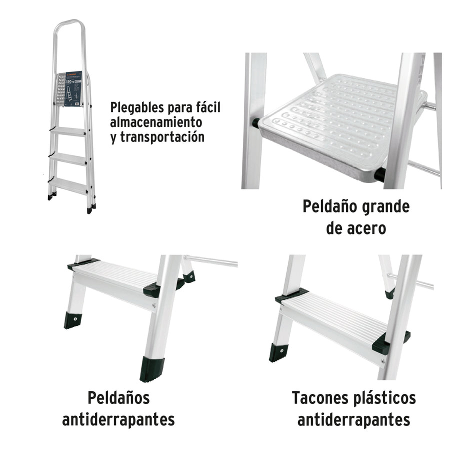 Escalera tubular plegable, 4 peldaños, aluminio, Truper