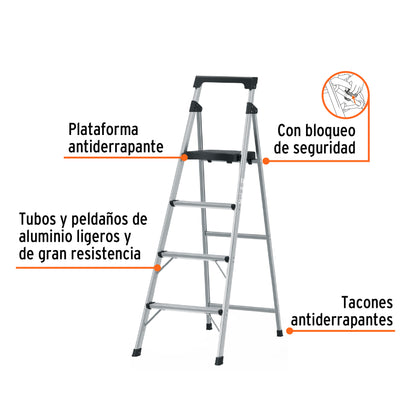 Escalera Tubular Plegable Aluminio 4 Peldaños Truper ESTU-4A - Solución Segura para Trabajos en Altura hasta 1.68m - Antiderrapante con Bloqueo de Seguridad