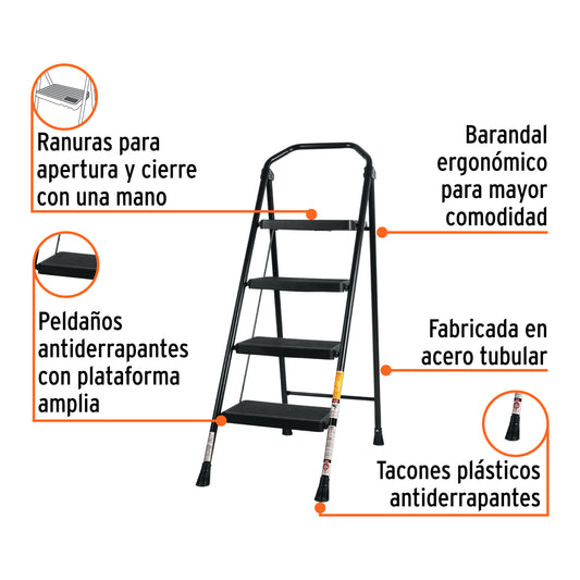 Escalera Tubular Plegable Truper 4 Peldaños Antiderrapantes - Solución Segura para Trabajos en Altura - Fácil Almacenamiento y Transporte - ESTU-4