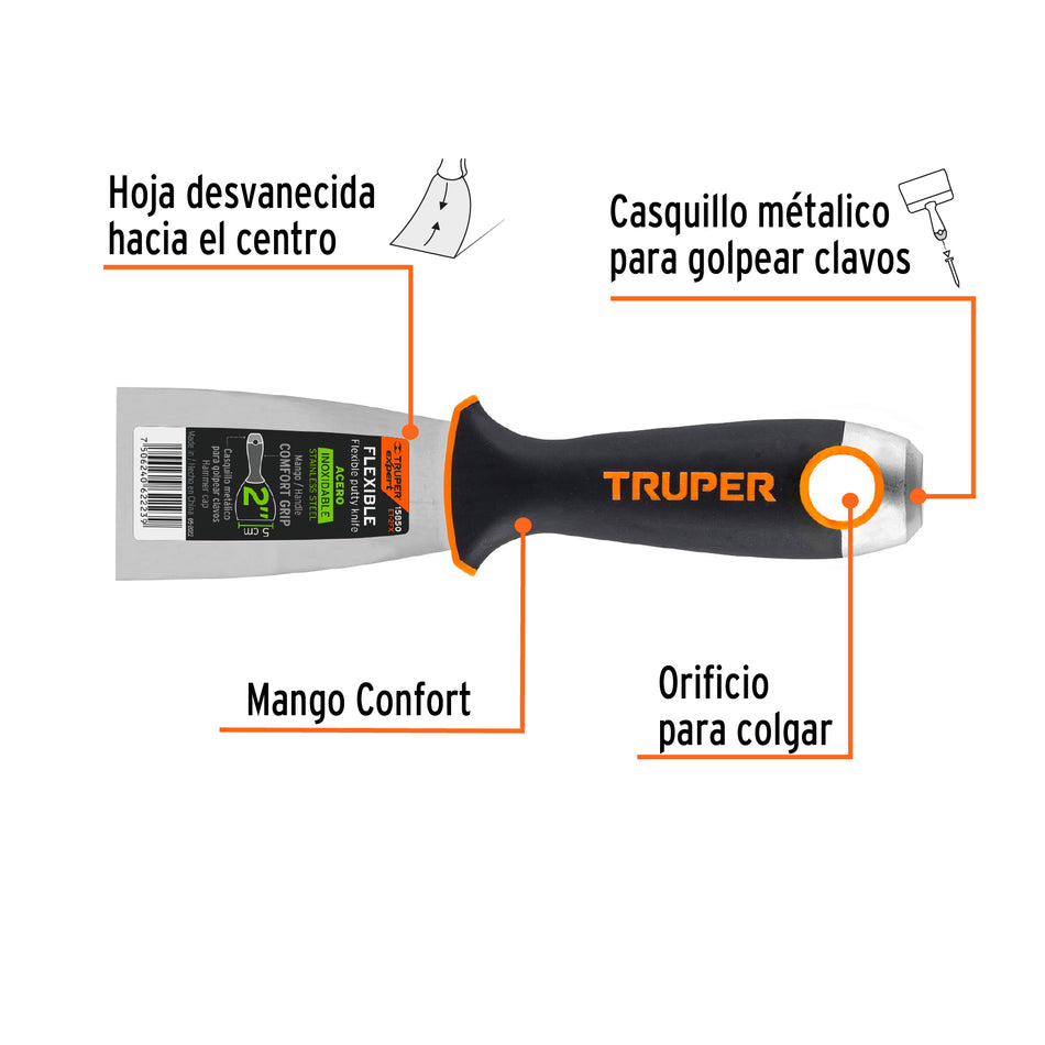 Espátula Flexible 2 Pulgadas ET-2FX Acero Inoxidable Anticorrosión - Comfort Grip Expert para Aplicación Precisa de Masilla y Pintura