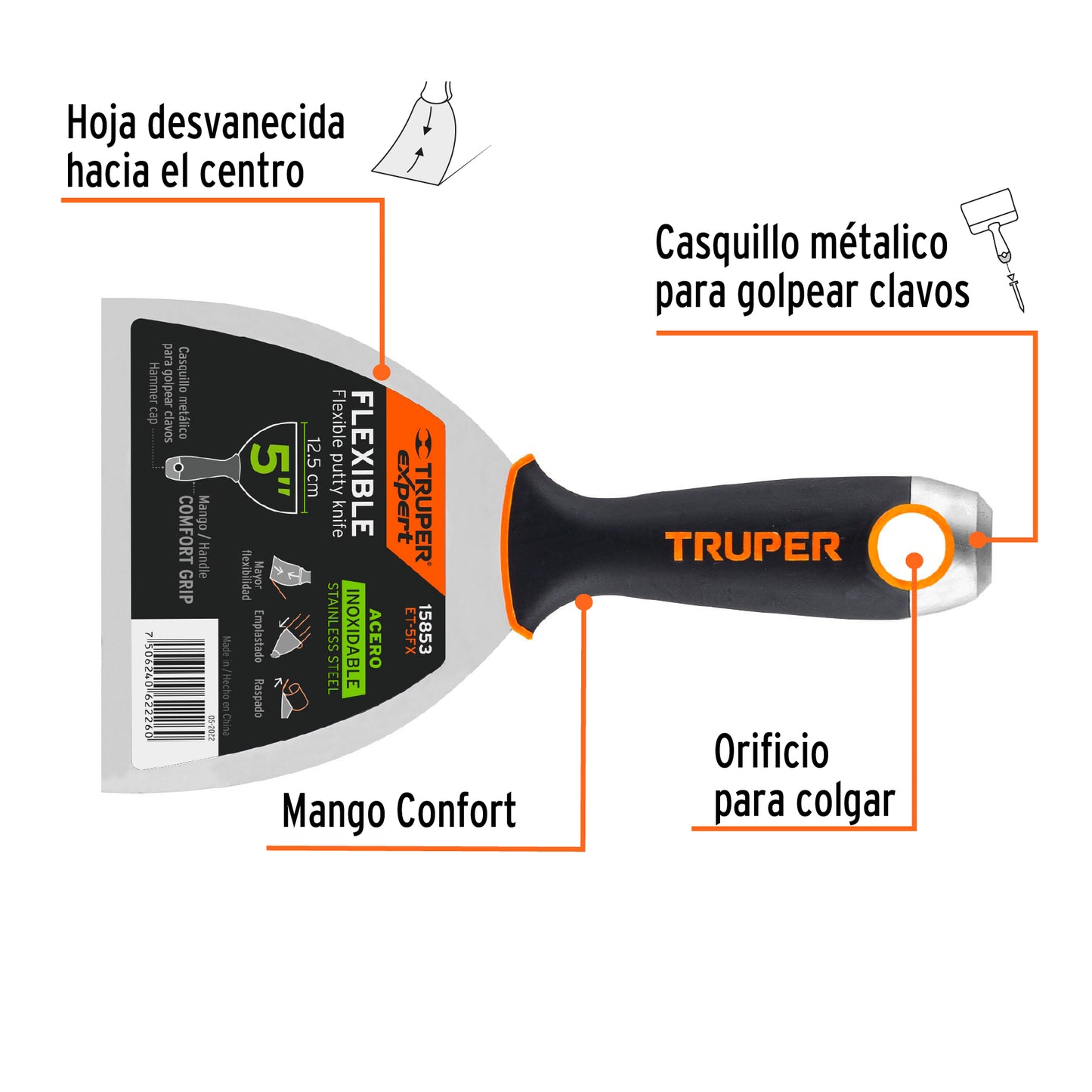 Espátula Flexible 5 Pulgadas Acero Inoxidable ET-5FX EXPERT - Comfort Grip Antideslizante para Aplicación Precisa de Masilla y Reparaciones Profesionales