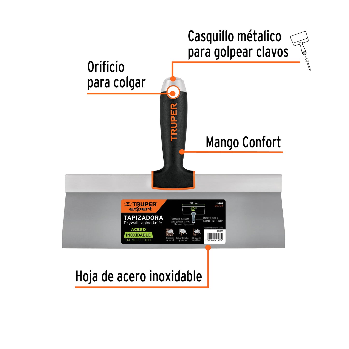 Espátula Tapizadora Profesional 12 Pulgadas Acero Inoxidable ETA-12X - Truper Expert Anticorrosión Mango Ergonómico para Tapicería y Acabados