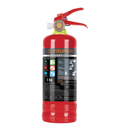 Extintor portátil recargable de 1 kg con polvo tipo ABC marca TRUPER. Ideal para uso doméstico e industrial.