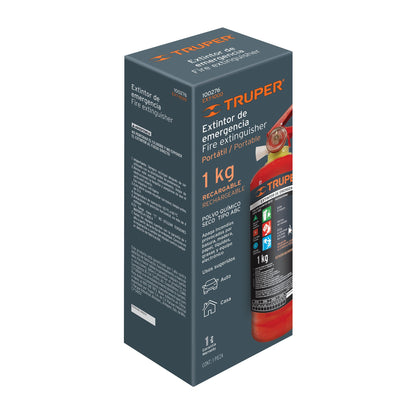 Extintor portátil recargable de 1 kg con polvo tipo ABC marca TRUPER. Ideal para uso doméstico e industrial.