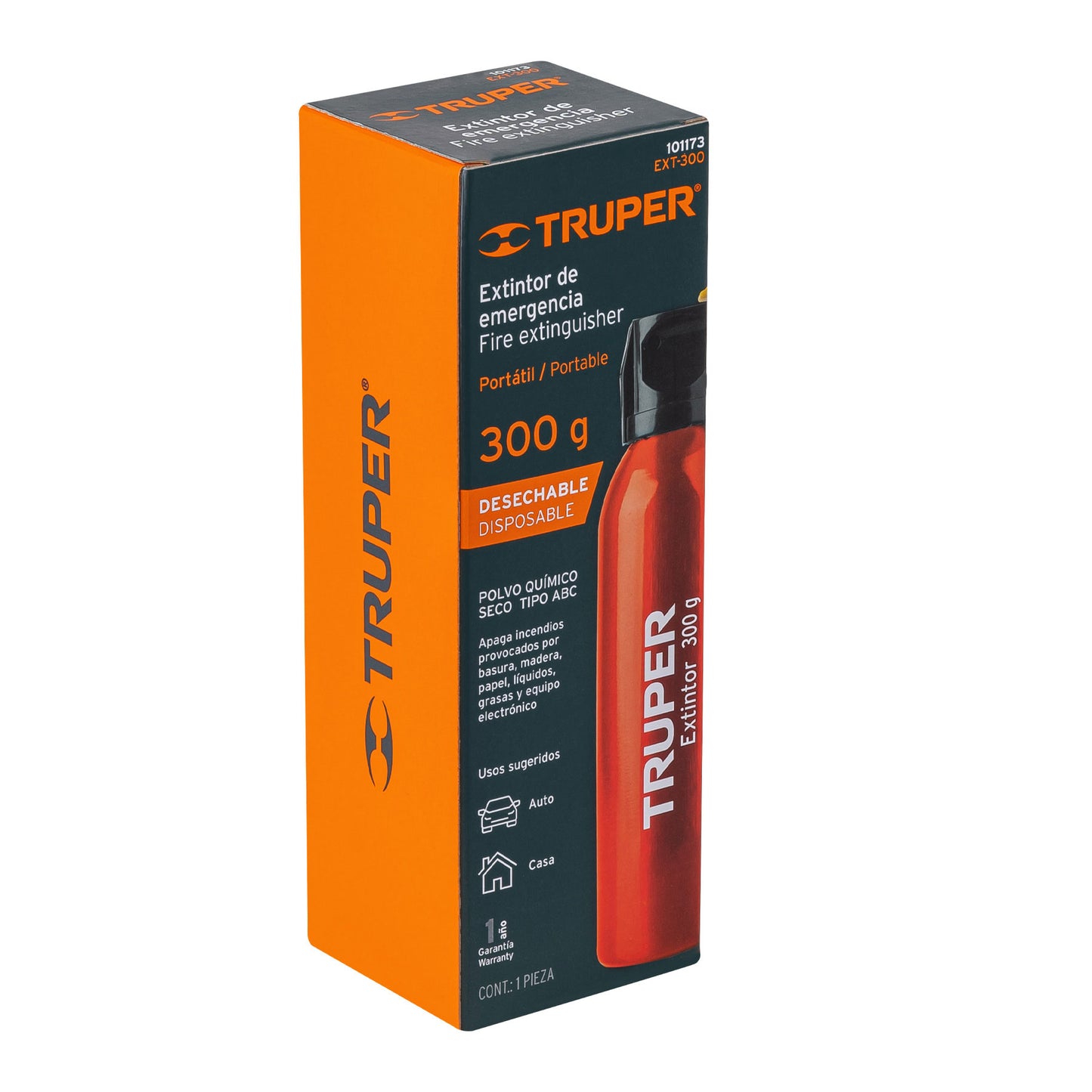 Extintor desechable TRUPER 300 g con polvo tipo ABC. Ideal para hogar, oficina y vehículos