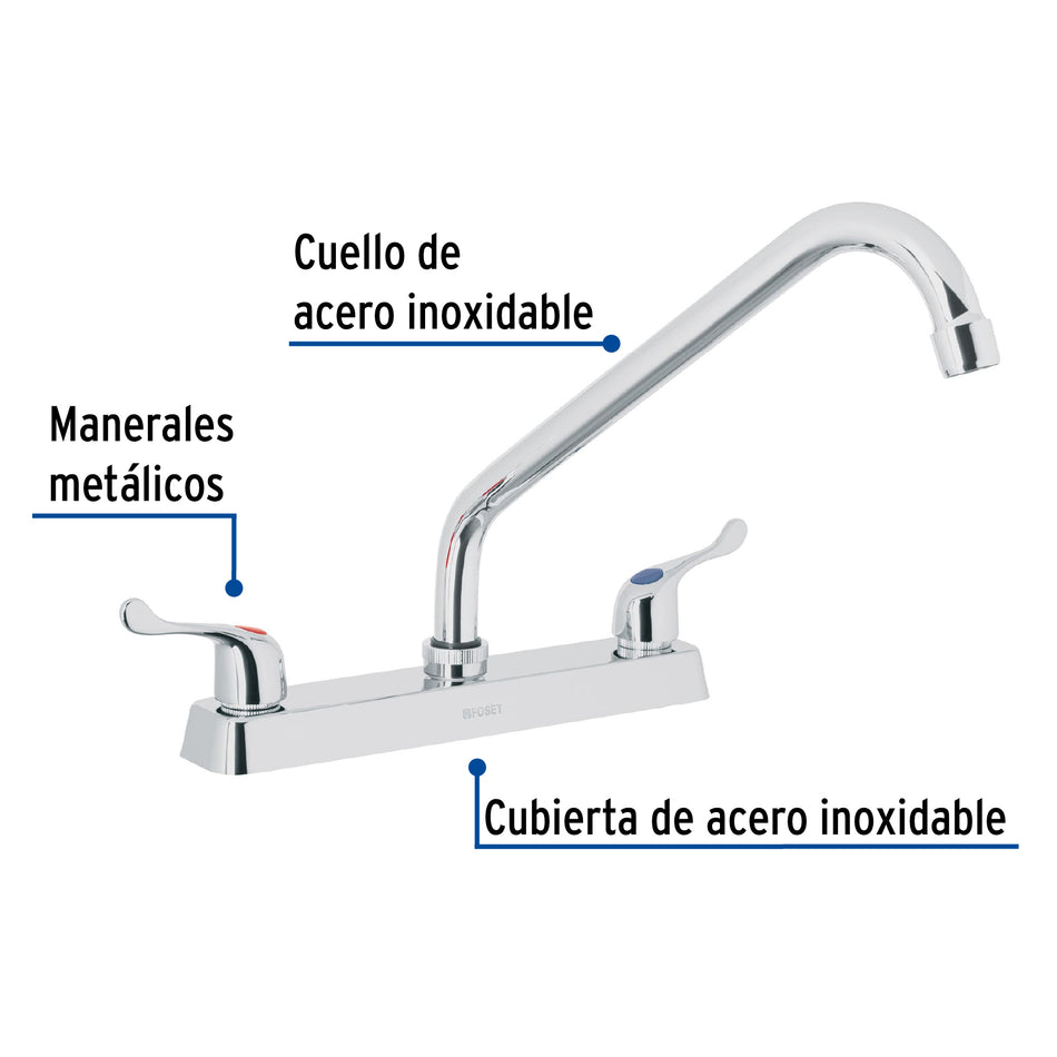 Mezcladora 8" p/fregadero, cuello largo, manerales palanca