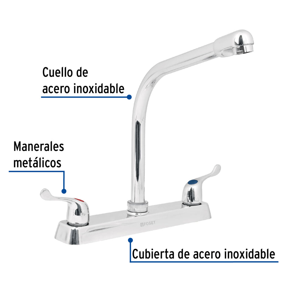 Mezcladora 8" p/fregadero, cuello cobra, manerales palanca