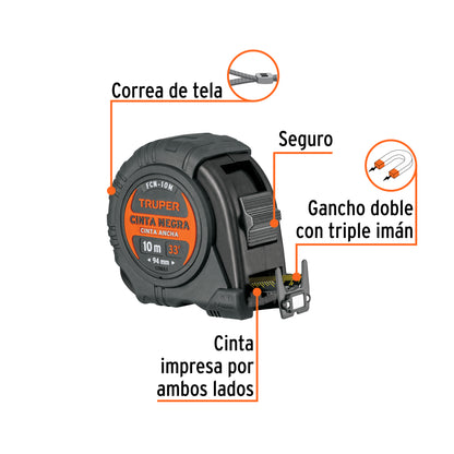 Flexómetro Truper FCN-10M Resistente a Impactos 10m - Cinta Negra 32mm con Triple Imán para Medición Profesional