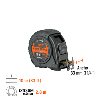Flexómetro Truper FCN-10M Resistente a Impactos 10m - Cinta Negra 32mm con Triple Imán para Medición Profesional