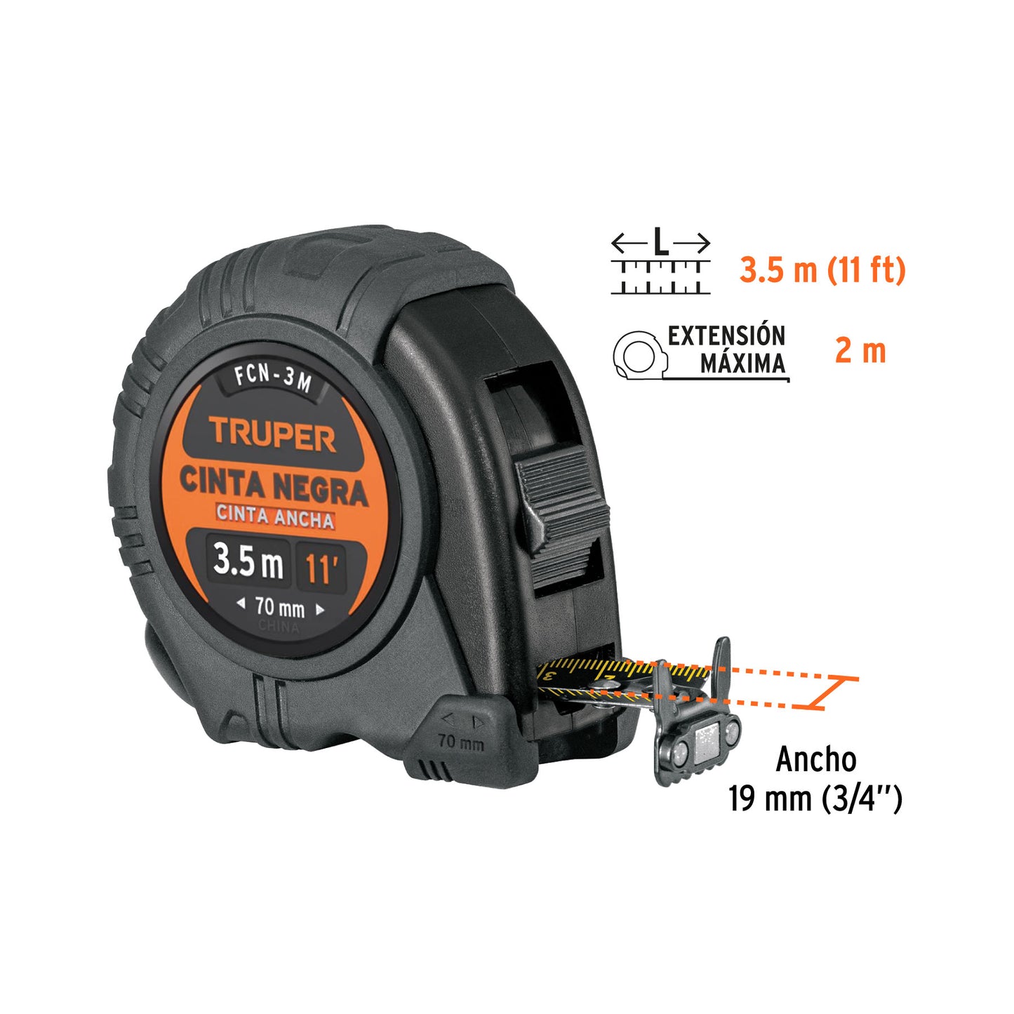 Flexómetro Contra Impactos 3m Truper FCN-3M - Cinta Negra 13mm Resistente con Triple Imán - Solución Profesional para Medición Precisa en Construcción