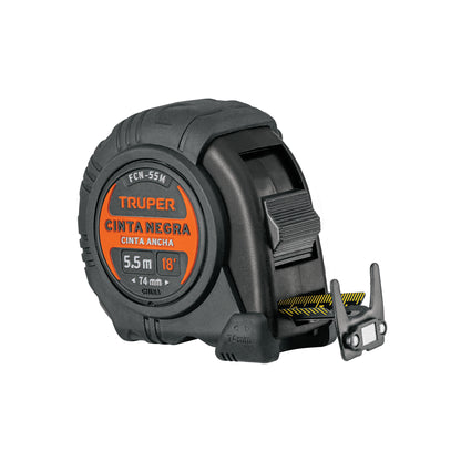 Flexómetro Truper FCN-55M 5.5m Resistente Impactos - Cinta Negra 25mm Doble Graduación Gancho Magnético - Medición Profesional Construcción
