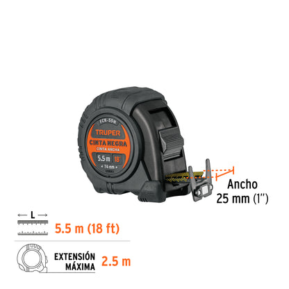 Flexómetro Truper FCN-55M 5.5m Resistente Impactos - Cinta Negra 25mm Doble Graduación Gancho Magnético - Medición Profesional Construcción
