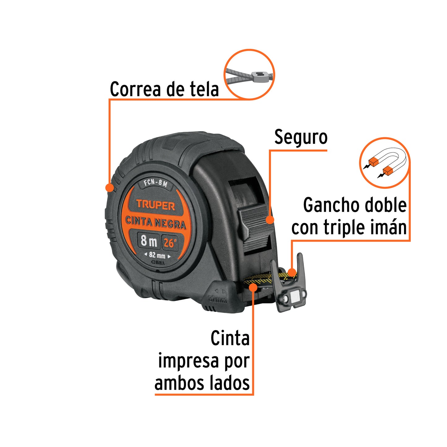 Flexómetro Profesional FCN-8M Truper 8m Anti-Impacto - Cinta Negra 25mm con Triple Imán para Medición Precisa