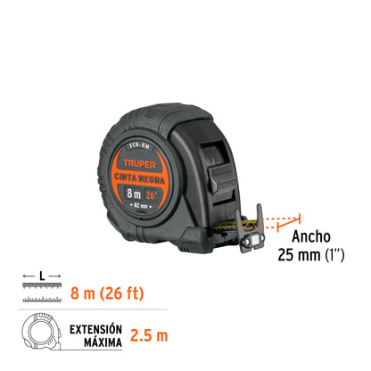 Flexómetro Profesional FCN-8M Truper 8m Anti-Impacto - Cinta Negra 25mm con Triple Imán para Medición Precisa