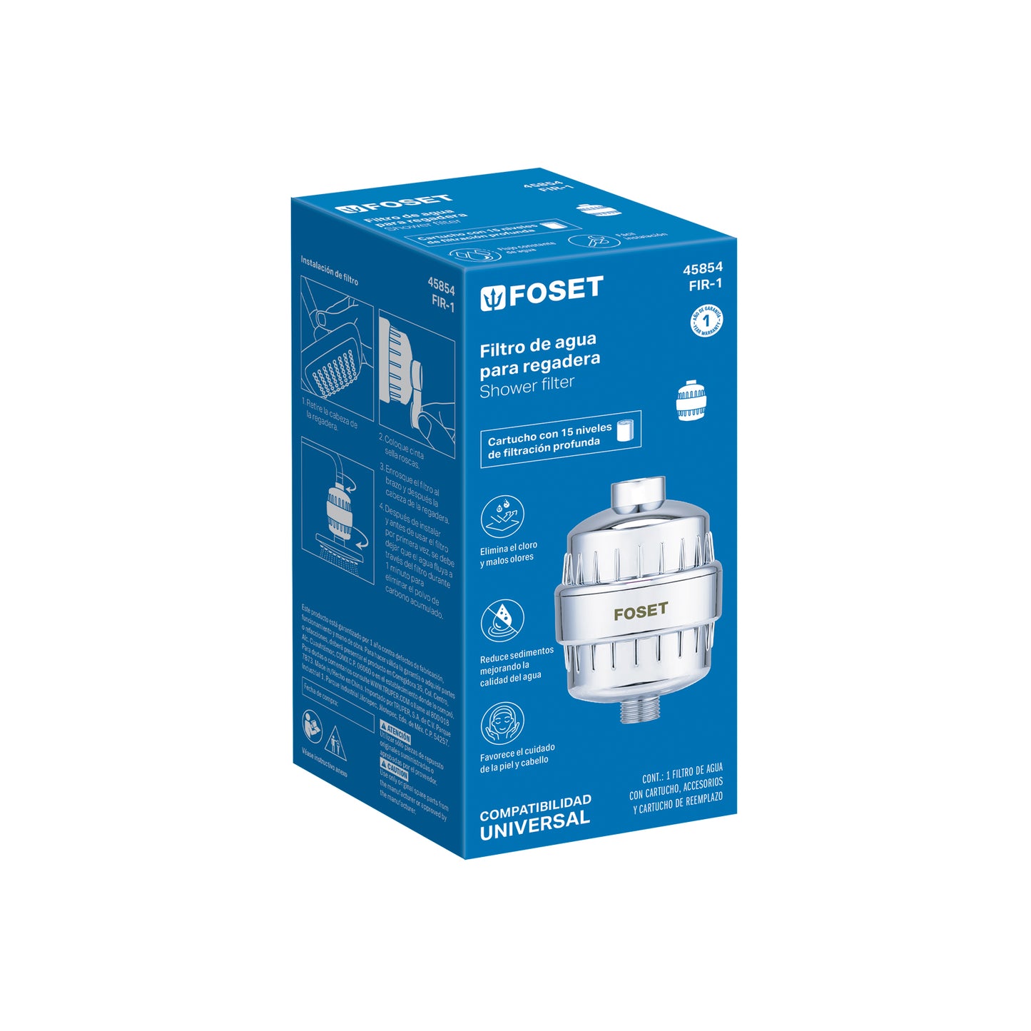 Filtro de Agua para Regadera FOSET FIR-1 - Elimina Cloro y Sedimentos, 15 Niveles de Filtración, Protege Piel y Cabello