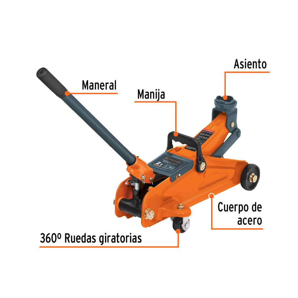 Gato Hidráulico de Patín 2 Toneladas Truper GAPA-2E - Levantamiento Seguro con Ruedas Giratorias y Válvula de Seguridad - 30 Movimientos