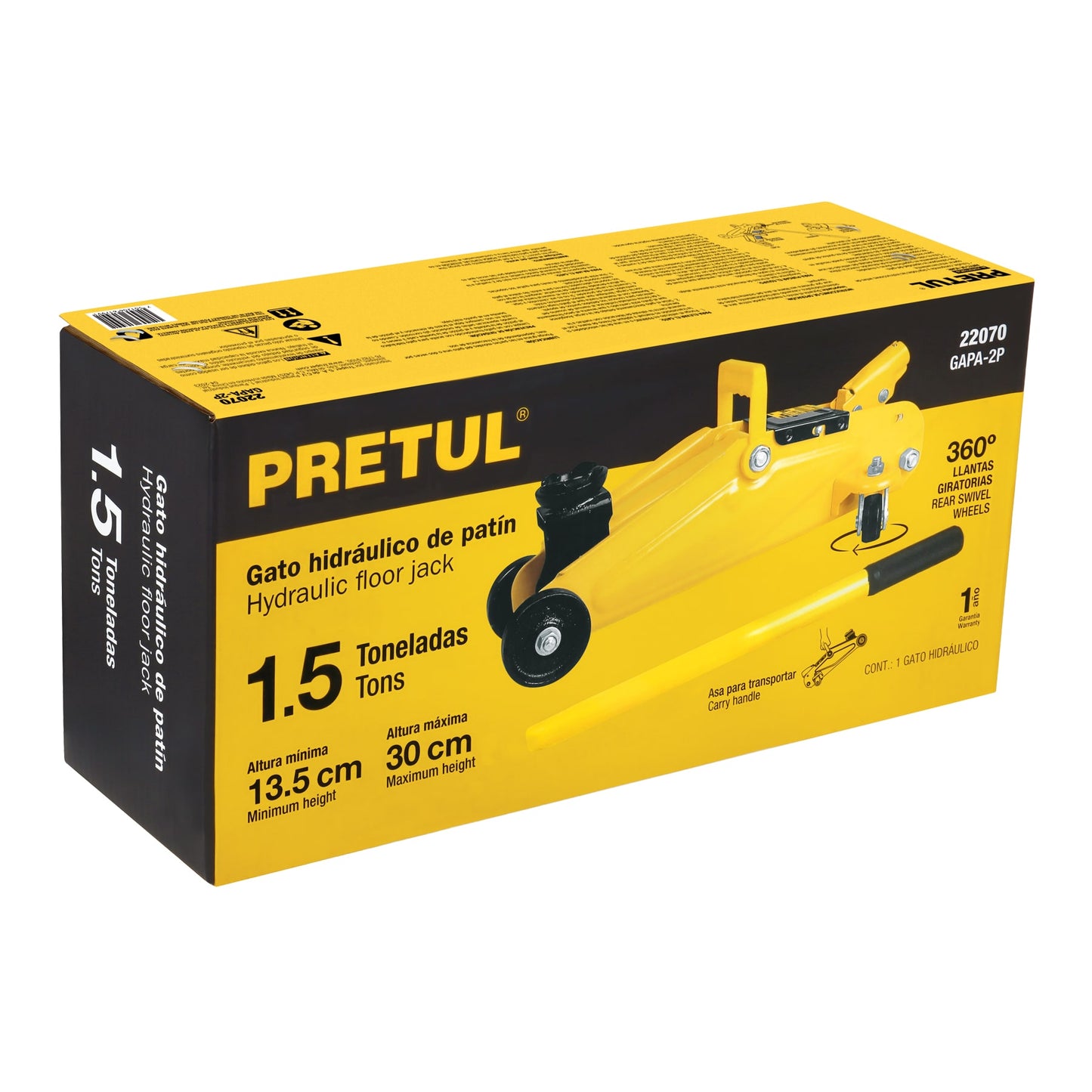 Gato Hidráulico de Patín 1.5 Toneladas Pretul GAPA-2P - Levantamiento Seguro de Vehículos con 32 Movimientos y Ruedas Giratorias