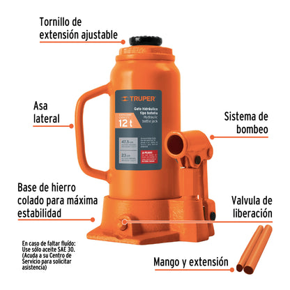 Gato Hidráulico de Botella 12 Ton Truper GAT-12 - Levantamiento Seguro de Vehículos Pesados con Base Estable