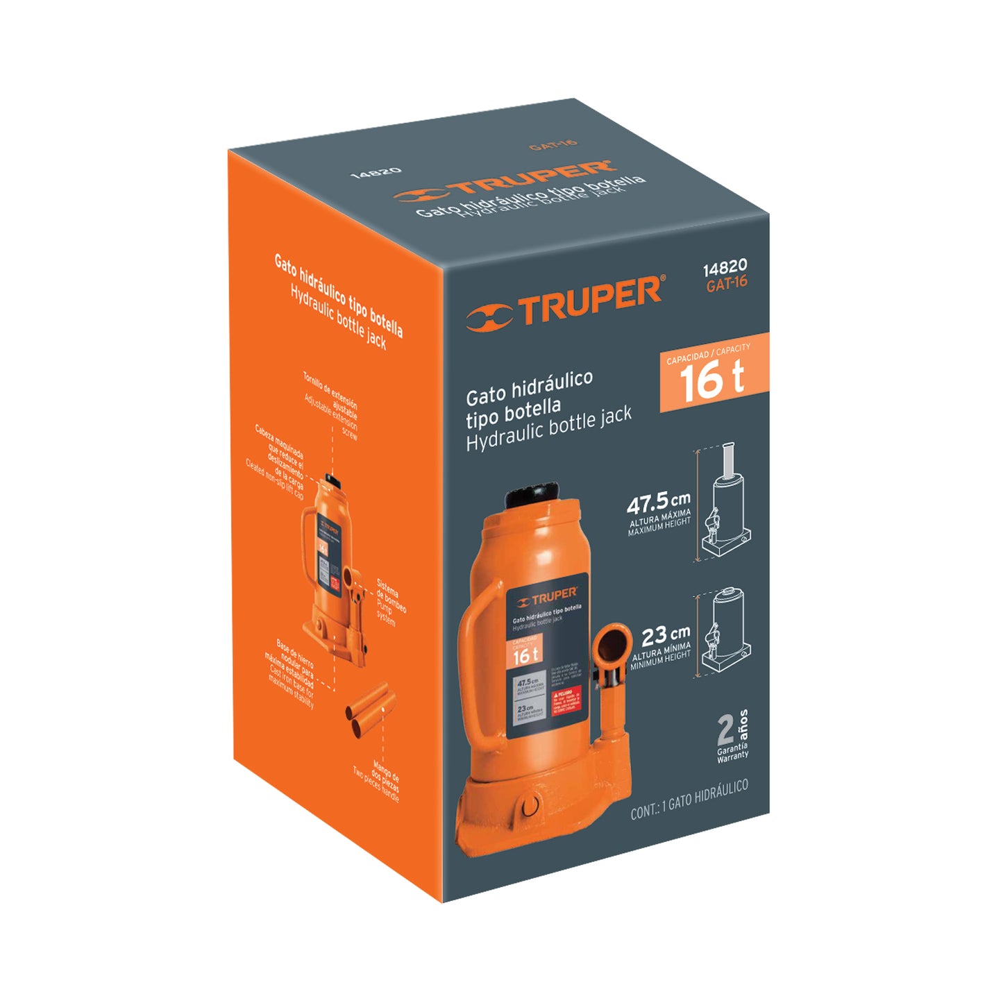 Gato Hidráulico de Botella Truper 16 Toneladas GAT-16 - Levanta Vehículos Pesados con Cabeza Antideslizante y Base Estable