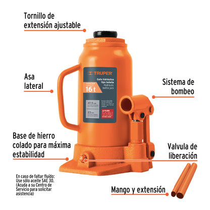 Gato Hidráulico de Botella Truper 16 Toneladas GAT-16 - Levanta Vehículos Pesados con Cabeza Antideslizante y Base Estable