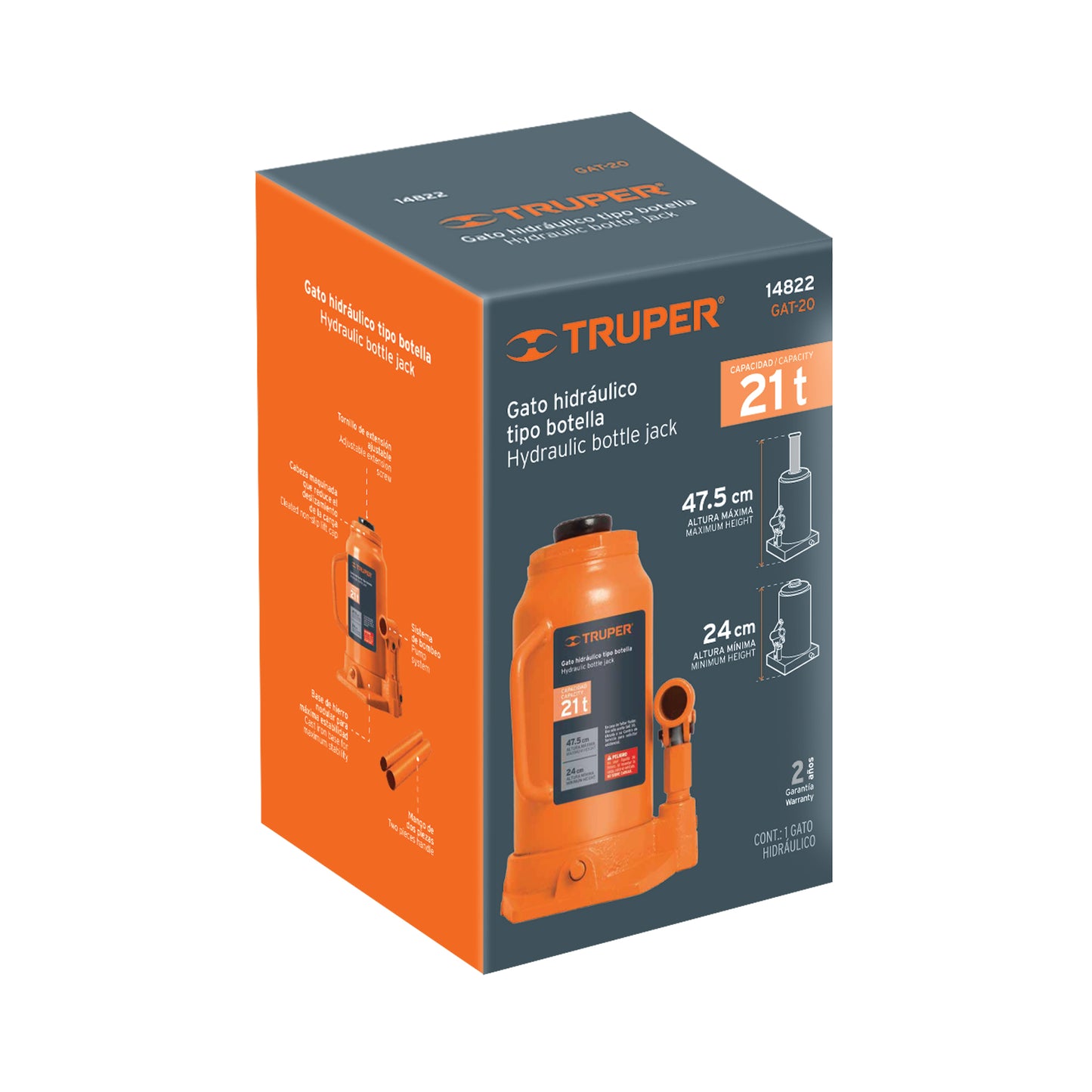 Gato Hidráulico de Botella Truper GAT-20 21 Toneladas - Solución Profesional para Levantamiento Pesado con Base Estable y Válvula de Seguridad