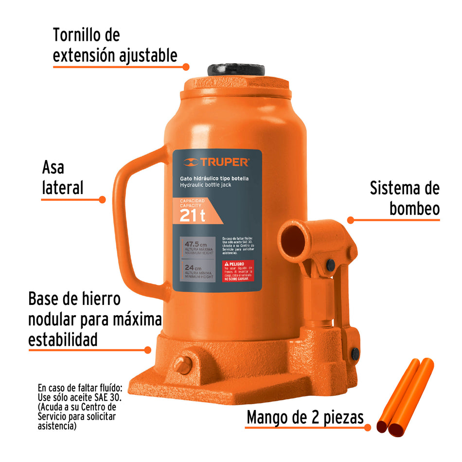 Gato Hidráulico de Botella Truper GAT-20 21 Toneladas - Solución Profesional para Levantamiento Pesado con Base Estable y Válvula de Seguridad