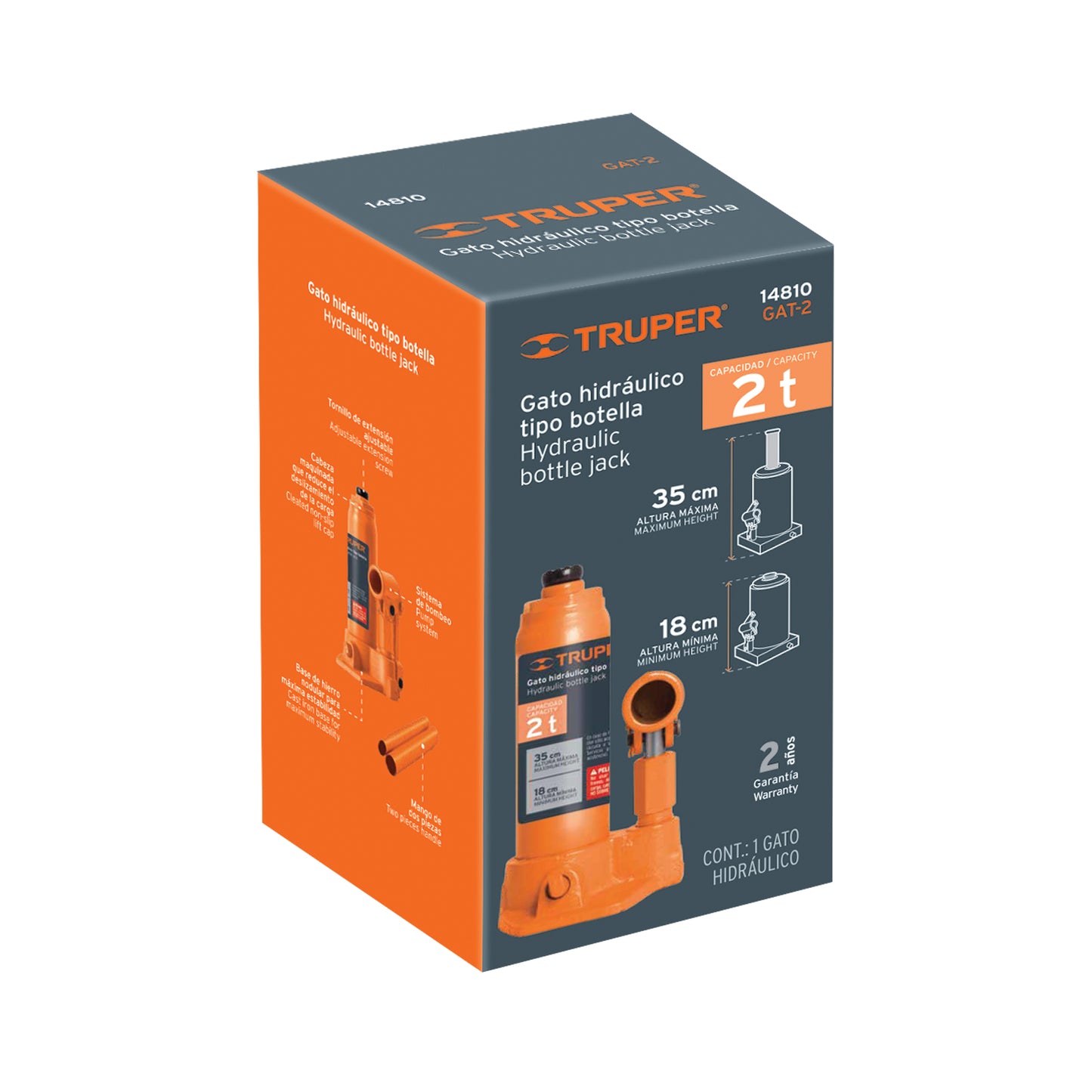 Gato Hidráulico de Botella Truper 2 Toneladas GAT-2 - Levanta Vehículos Pesados con Máxima Estabilidad y Seguridad