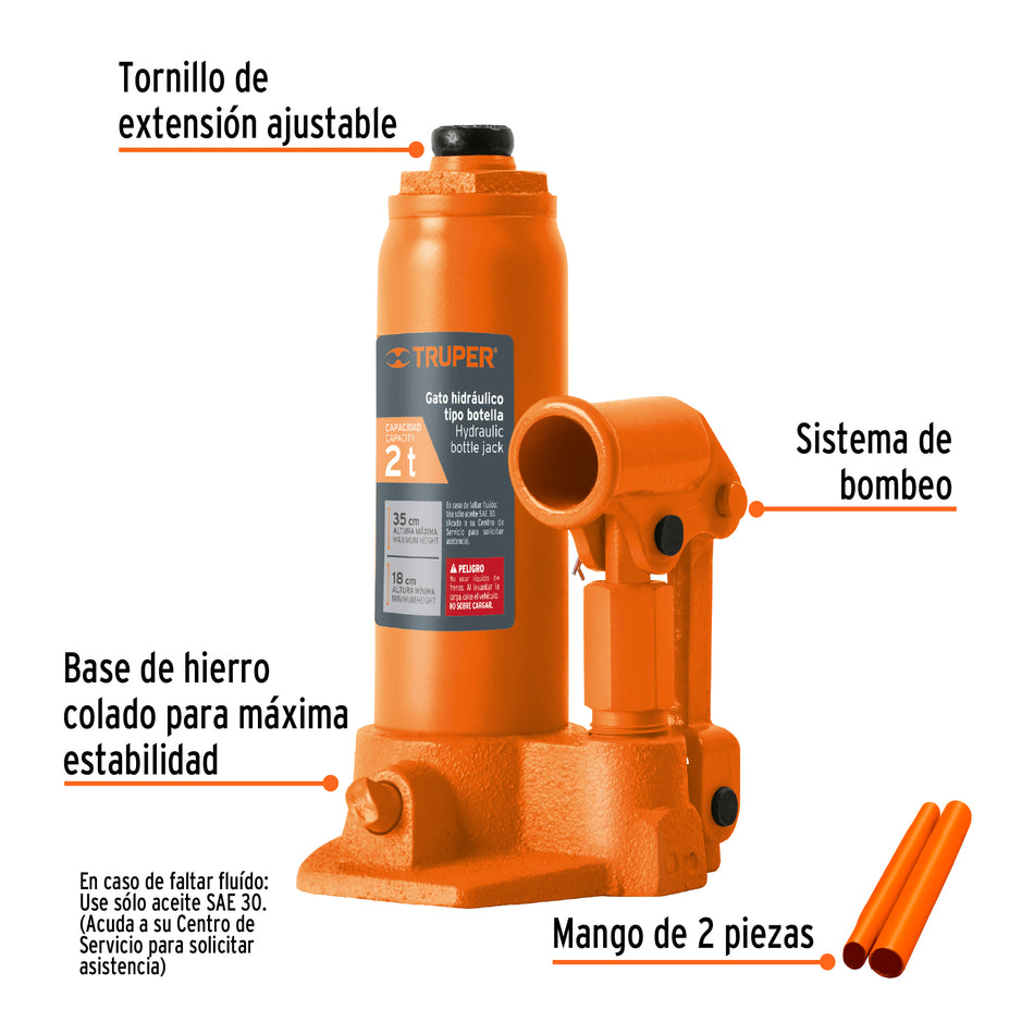 Gato Hidráulico de Botella Truper 2 Toneladas GAT-2 - Levanta Vehículos Pesados con Máxima Estabilidad y Seguridad