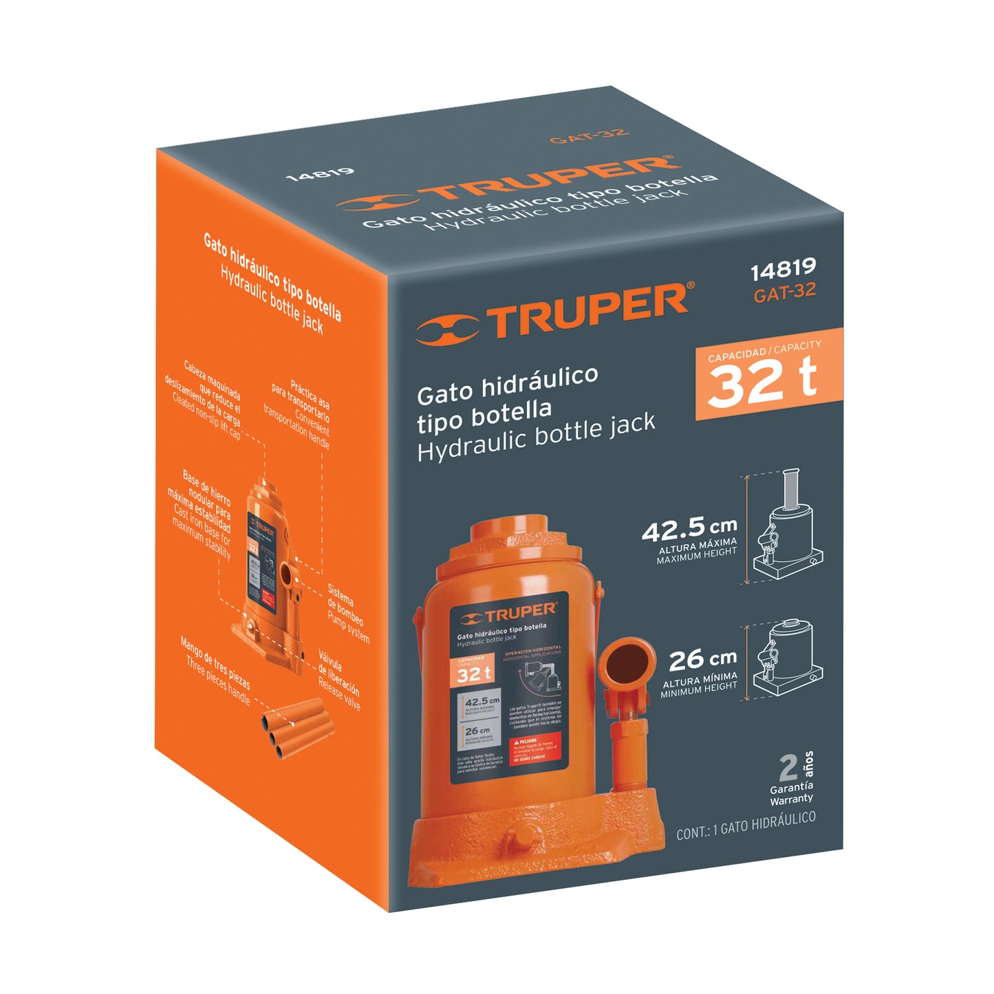 Gato Hidráulico Botella Truper 32 Toneladas GAT-32 - Levanta Cargas Pesadas con Máxima Estabilidad