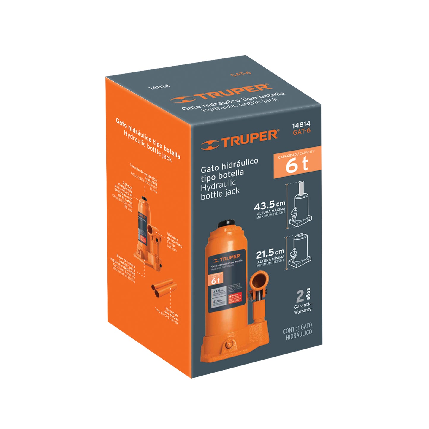 Gato Hidráulico de Botella Truper GAT-6 6 Toneladas - Levanta Vehículos Pesados con Cabeza Antideslizante y Base Estable